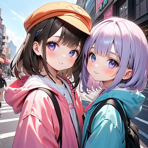 ((masterpiece)),(( best aesthetics)),(( super resolution)),(( best quality)),((Cute  sisters )),(( street fashion )),Height difference、Little sister who likes older sister 、Cityscape background, stylish design、 cityscape background where 