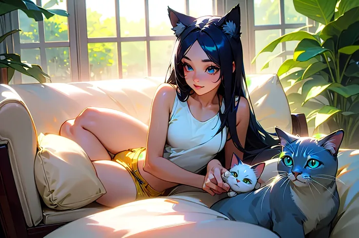 An anime-style illustration of a beautiful a 20-year-old girl, beautiful detailed eyes, beautiful detailed lips, extremely detailed eyes and face, long eyelashes, gorgeous young woman, elegant, graceful pose with cat ears (neko-style), long straight dark b...