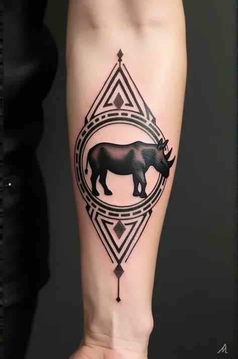 A simple rhino tattoo in tribal-style. The rhino should be not that obvious and only visible at the second look. No realism but simple. Should fit For the position on proximal radius/ulnar