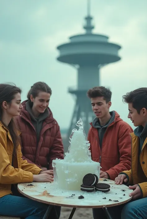 hello, Can it be an image that behind duga , Dark Squad and that it has 4 young people who are providing a palette taken from a base and that a palette is held and that it can be seen that the ice is made of oreo and condensed milk above and finally all 4 ...