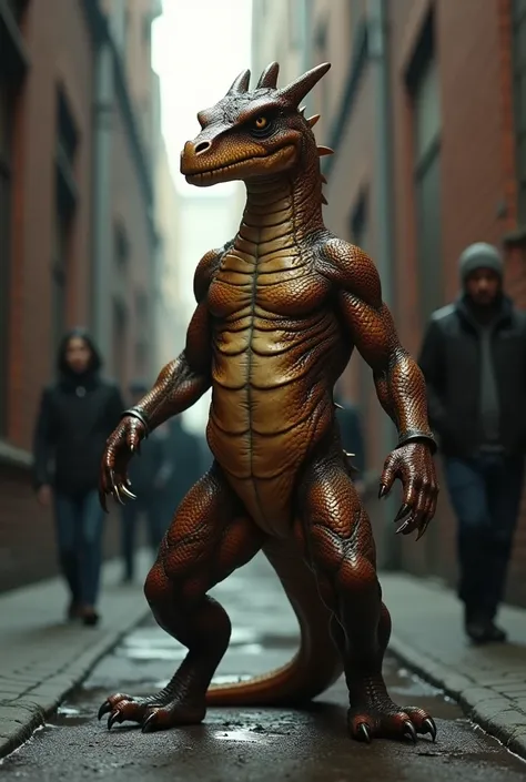 Male, anthro wester dragon, presenting genital slit with tapered penis, in a alley while people walk past in background. 