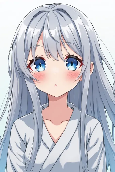  1 girl, Character portrait,  Japanese illustration style aimed at hypnosis apps, Long Hair,  bangs between my eyes, Grey Hair,  blue eyes,  close your mouth, 