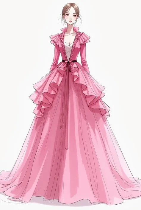 Draw a sketch of a pink suit with lots of tulle 