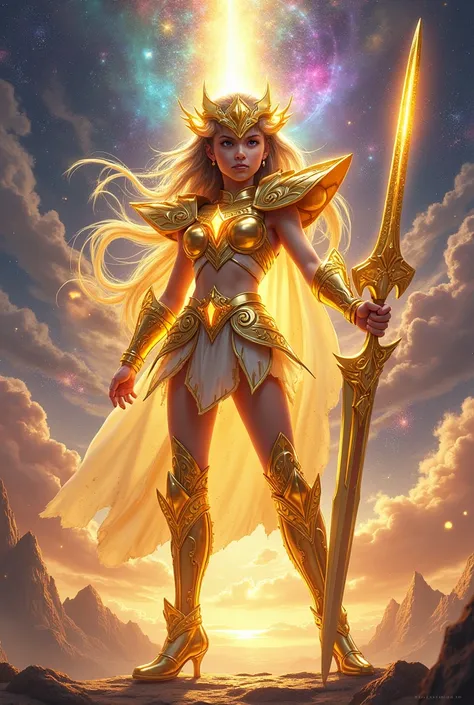 (1 girls golden saint seiya,surreal art,full-body shot),(best quality,4k,8k,highres,masterpiece:1.2),ultra-detailed,(realistic,photorealistic,photo-realistic:1.37),metallic armor,shiny gold armor,colorful cosmic background,strong muscular physique,breathta...