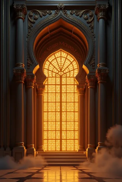  Light box marquee sings in the Arabesque castle style,  window with many double columns,  framing a golden curtain , With floodlight lights and smoke 