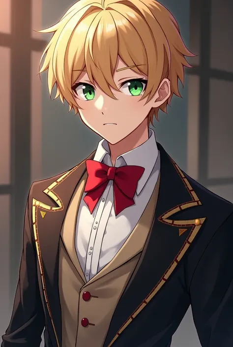 Honkai Impact Boy with blonde hair, green eyes, white dress shirt with flared collars, a red bowtie, black jacket with lapels having golden trim, 