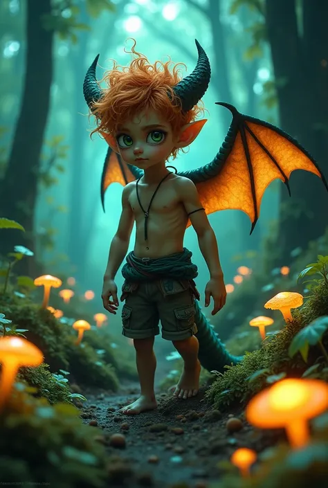  Half-dragon boy with sharp claws, Big wings and tail, short orange curly hair , green-eyed,  wearing thin clothes made of rags ,  in a bright, phosphorescent forest 