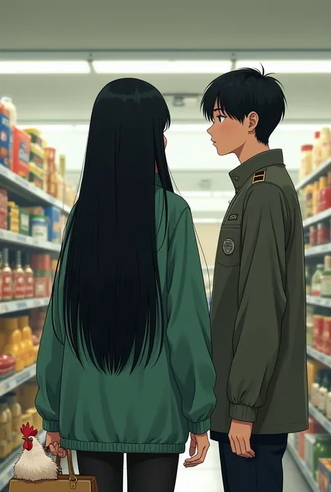 Girl in green jacket with very long straight black hair,  standing in a supermarket with her back to the viewer , she was stopped by a guard , because a chicken looks out of her handbag