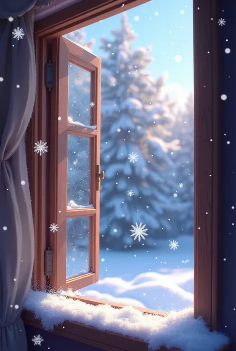 Disney Pixar style    , волшебно magic,    Big snowflakes,   sunlight illustration by Ren    ,     cartoon beautiful open window close-up in the foreground, Big snowflakes .  glittered   , Shine. 