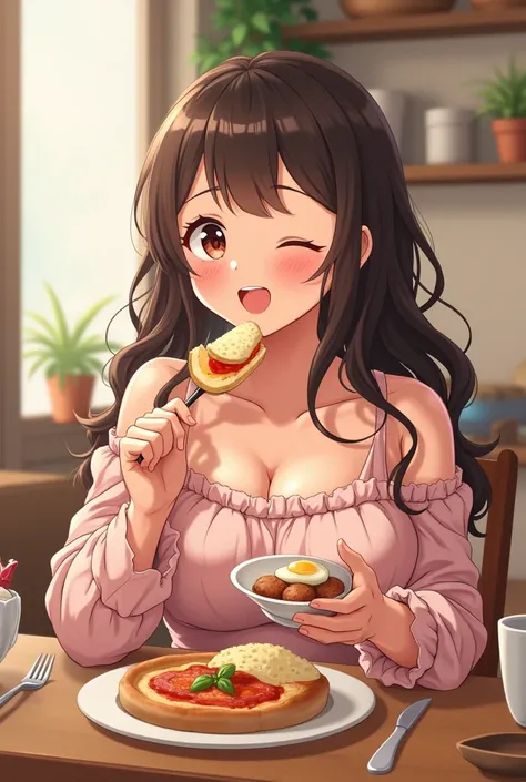  anime girl, 25 years old, Darling, Fat, eats food, eats with love