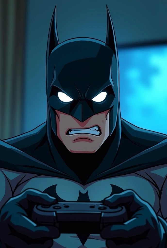 Make an angry adult Batman , n with totally white miniature cartoon eyes,  playing video game , What will be used for profile picture 

