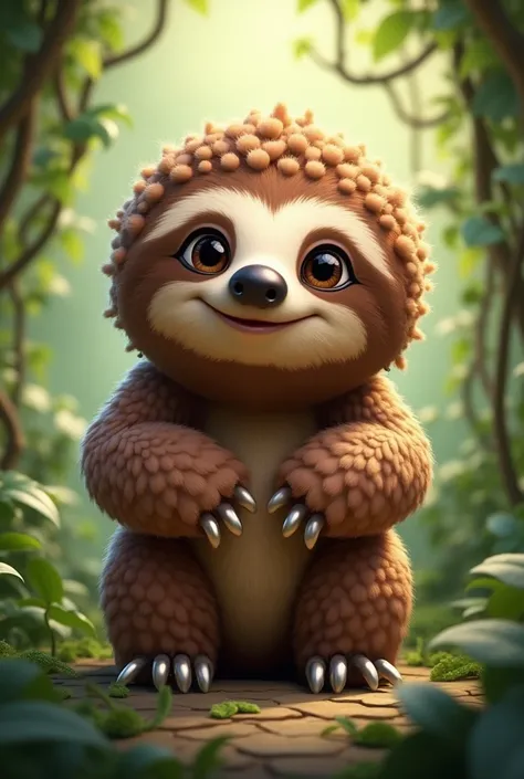 Transform a curly-haired brown woman into a cute and strong sloth