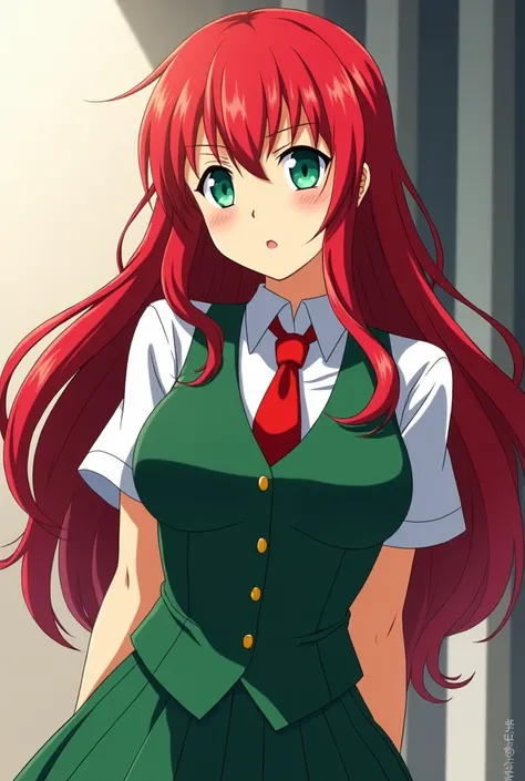 Anime style girl Boku No Hero Academia with red hair and green eyes long hair body hourglass with UA uniform red tie green vest 