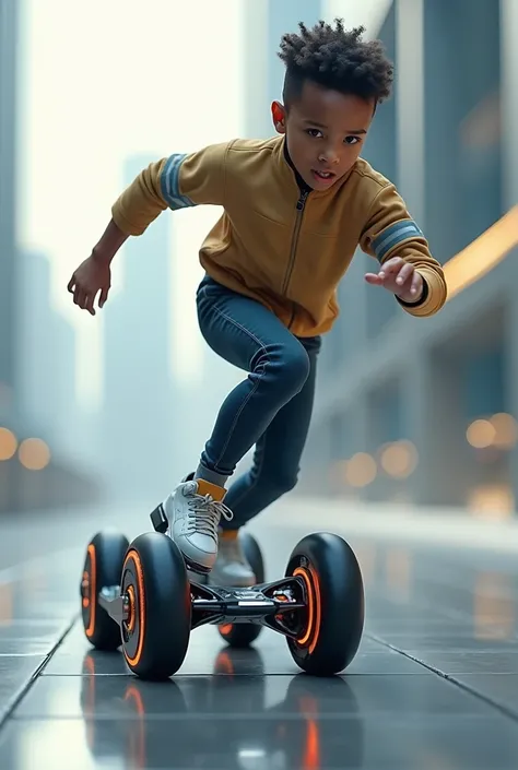 A  boy with 4-wheeled speed skates but straight
