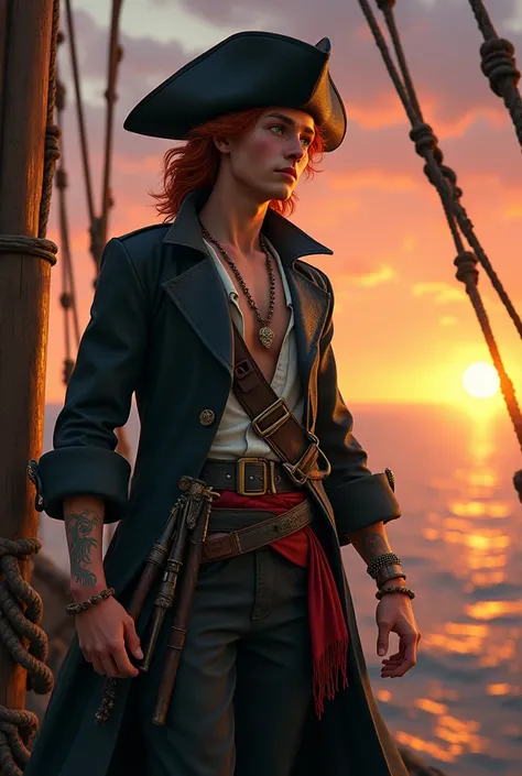 Generate the image of a pirate for a DnD campaign total body. A male pirate around 20 years old with an excited face. He has mid length dark red curly hair, without any type of facial hair. His eyes are emerald green, and he has a small scar on the bridge ...