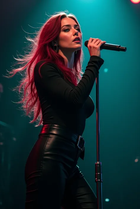  A kpop singer with wine red long hair and green eyes. She wears black clothes. She dances and sings on stage . She is European and has a ish face.