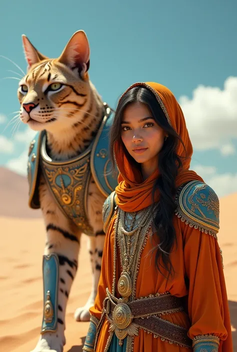 A beautiful Muslim girl in the desert is followed by a giant cat with armor 