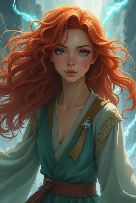 Young woman with long curly red hair and gray eyes, with traits from the animation Avatar the Last Airbrander.
