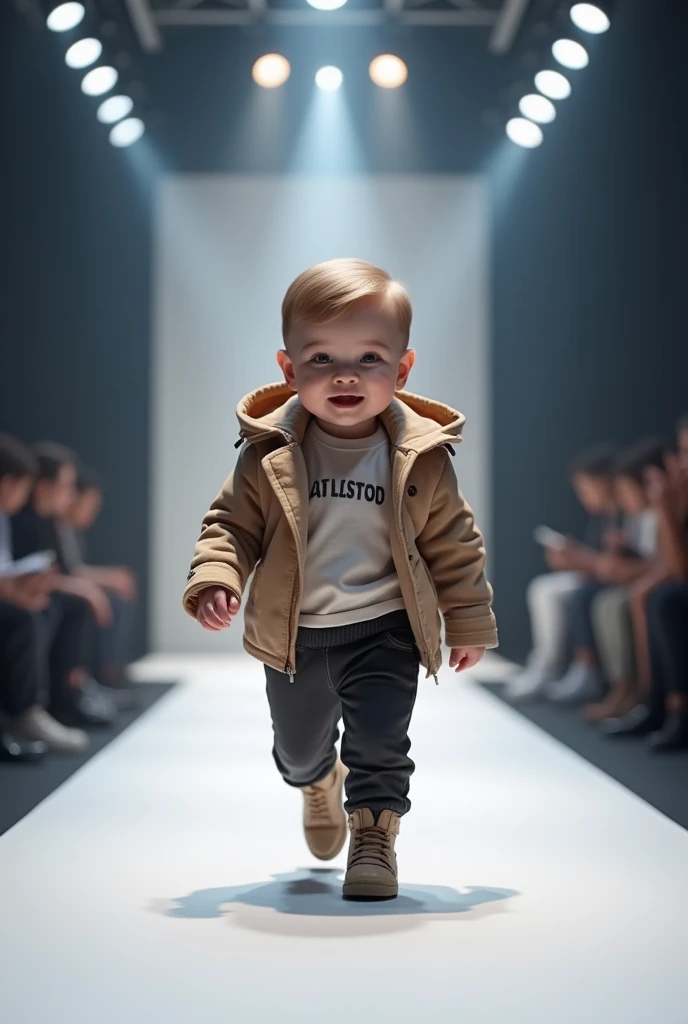 Little Cute baby boy walking on a fashion stage
