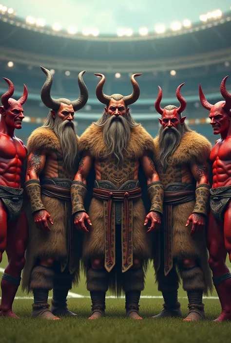  Generate 3 Vikings in leopard suits and next to them draw 3 red devils with curls, in the background a football stadium, The characters looking head-on  