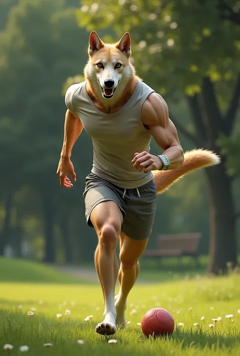   lean muscle Anthropomorphic dog Boy creature The Mongrel Aka Luca Minnelli   , dogs head boys body wearing T-shirt and shorts Chasing ball in park , Hyper realistic