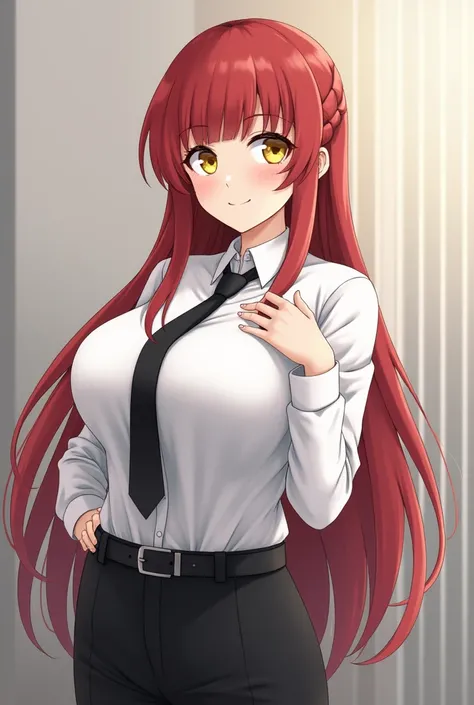 Makima, Makima, Long Hair, smile, bangs,  Big Breasts , ( yellow eyes:1.2),  braided , Red Hair,  braided ed ponytail, Eye Contours , 
break shirt,  Long Sleeve ,  white shirt, tie,  colored shirt , pants, black pants, formal, suit, black tie, Tucked in sh...