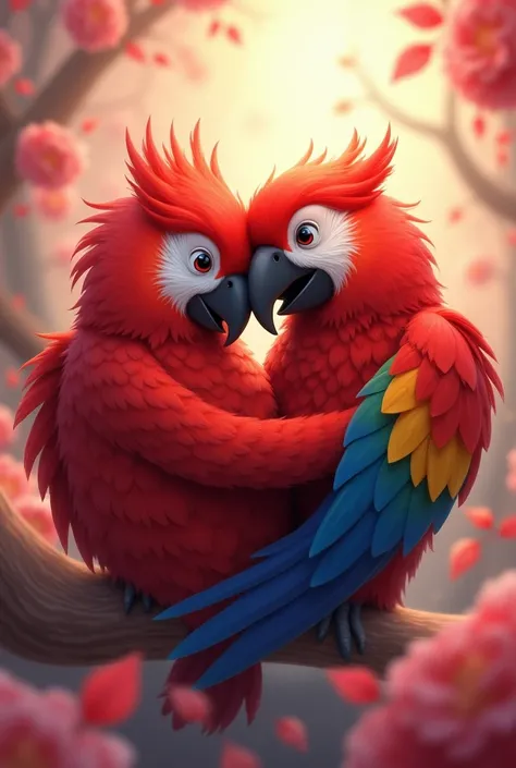 Create an animated image of two red macaws being curled up in their arms but I dont want it realistic
