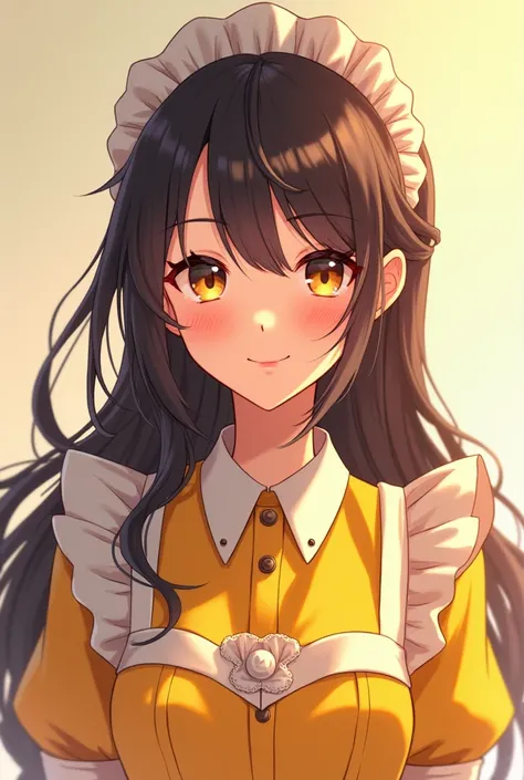  Make the best picture of a girl with long hair, Yellow dressed as a maid pink halfbody ,  smiling, Attractive look, quality