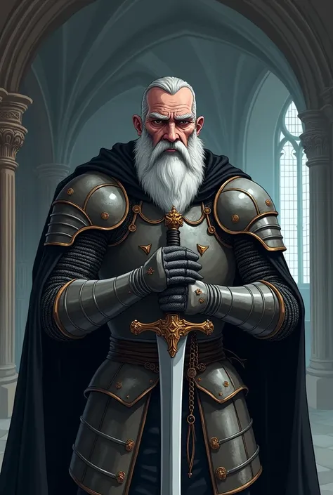 One guy, 55 year old knight with full beard, white hair, white beard, with black cloak, in full medieval plate armor, black cloak, wearing a simple broad brimmed hat, vampire hunter d style, flat, 2d, full body shot, rosary for necklace, catholic, cool pos...