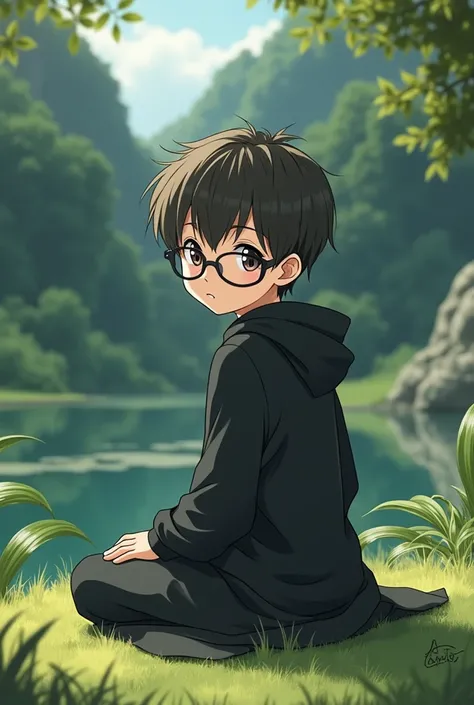 a anime boy with black dress sitting on grass black glasses on face background like a beautifull lake and jungle view