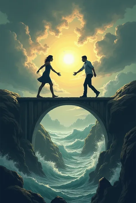 Love, Care, Trust, Respect make a poster symbolizing these components where two people are on a bridge and being apart by a conflict but they are trying to build that bridge with these 4 components and beneath the bridge are the problems, storms, and thing...