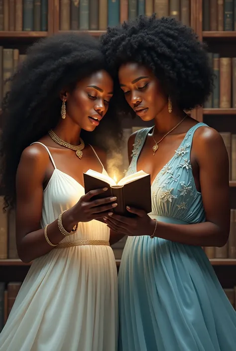 A woman with a frightened face and in her hands a book that shone and with dark and radiant skin ,  has long, curly Afro hair ,  wearing an elegant flowing white dress that moves smoothly with her makeup .  Her look is complemented by gold bracelets and ea...