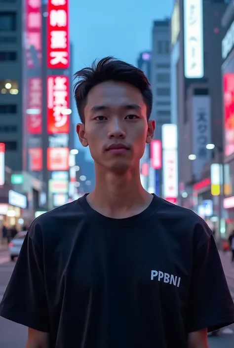 A 21-year-old white Indonesian man with short dark hair combed back wearing a black shirt with the inscription PPBNI on his shirt
Background in Japan