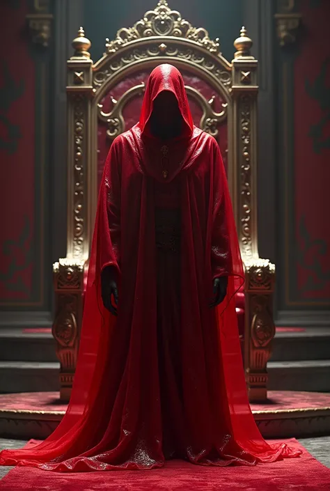 Realistic image of a beautiful red wizard wearing evil transparent plastic clothes from a fantasy kingdom in front of a kingdom throne