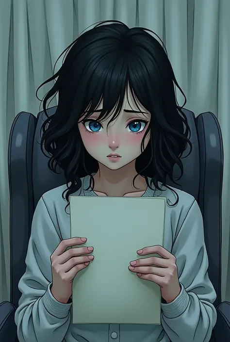 Create a 21-year-old woman with big wavy black hair,with blue eyes , curtain, Sitting crying in a chair at home reading a letter,  ( realistic drawing image ,gray colors)