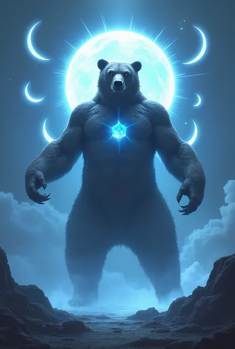 An image of a Grizzly Bear God ,  with blue jewel props and moons surrounding it.  A large entity with a white light surrounding .  It has no defined muscles like a human, Has the anatomy of a normal grizzly bear  