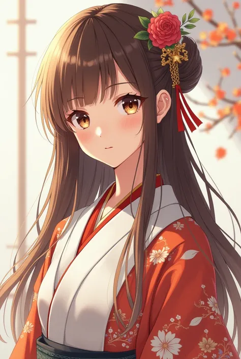 Fille adulte cheveux bruns vêtements traditionnels japonais yeux marrons style anime 