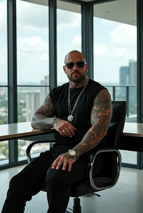 Mixed muscular man, tattooed up, jewelry, wedding ring, black gucci outfit, black gucci shoes, shades, in Florida penthouse, sitting at desk, buzz cut hairstyle