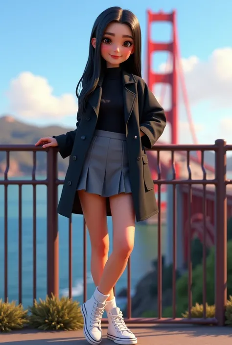 Woman 30, long straight black hair, wearing short grey school girl skirt with black sweater and black short trench coat with white converse high sneakers with white short socks. Leaning and posing at red tube low metal fence. With San Francisco’s Golden Ga...