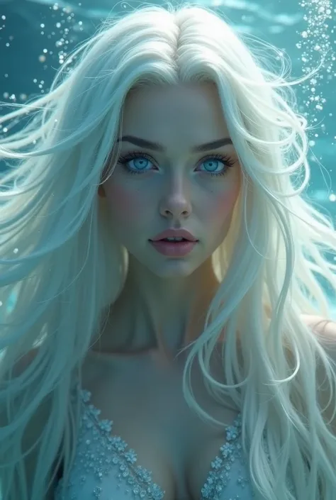 1woman, mermaid, goddess, white hair, blue eyes, lips, underwater, portrait,Solo, long beautiful hair 