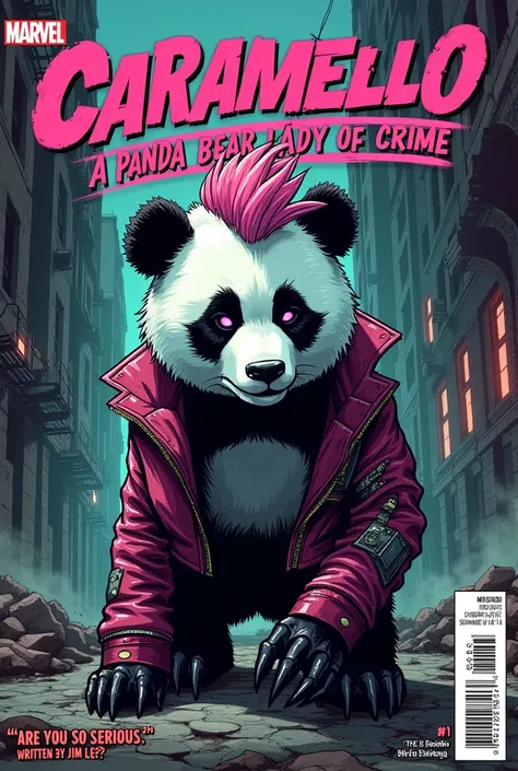 Marvel comic book cover in the style of the 80s, 90s, 2000s, with a panda bear character, punk jacket, face with makeup, pink and blue mohawk hair, with the title "CARAMARSH", A 1990s/2000s comic book cover featuring the cutest and sexiest punk rock pink c...