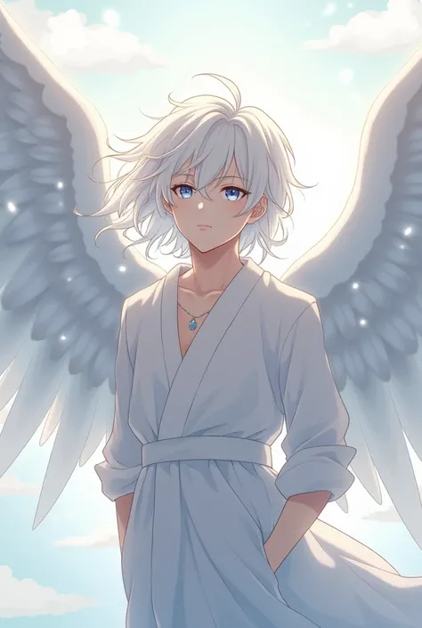 A white-haired angel with white wings ,  showing full wings with an innocent look.  male anime character .