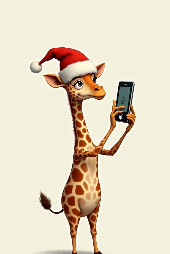 Giraffe taking a picture in a mirror with a cell phone and wearing a Christmas hat on her head