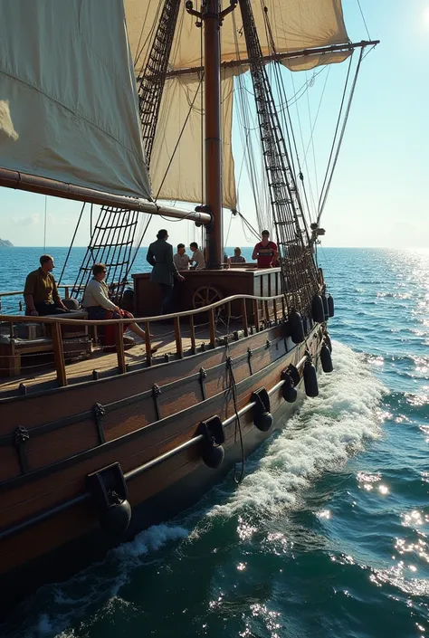 A very clear Ultra HD dynamic image of 17th century military ship on which this film is written, HMS Dolphin built by Britain, and some people are sitting on its hull, the ship is out in the ocean, there is a driver inside the ship and one to show the way ...