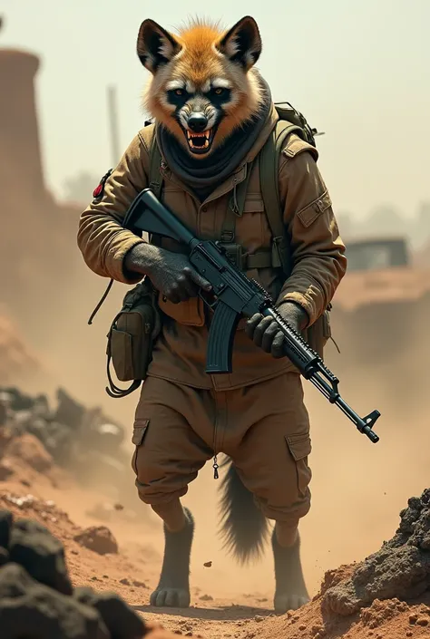 Hiena Comando Terrorista
"A hyena standing upright, wearing a torn military jacket and carrying an AK-47. It is laughing menacingly in a desert wasteland, surrounded by destroyed vehicles.
