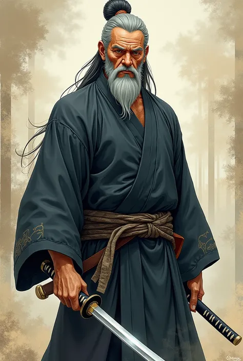  Swordsman anime version old man with straight and black hair with gray hair who knows a lot of martial arts, He has 2 katanas 