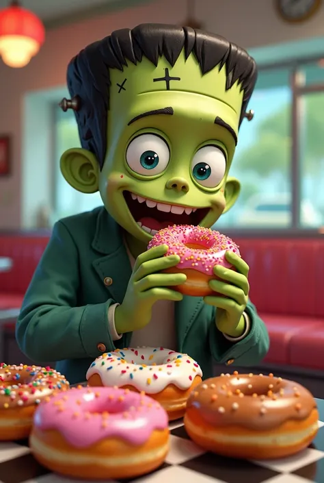 Happy Frankenstein eating 1950s style donuts
