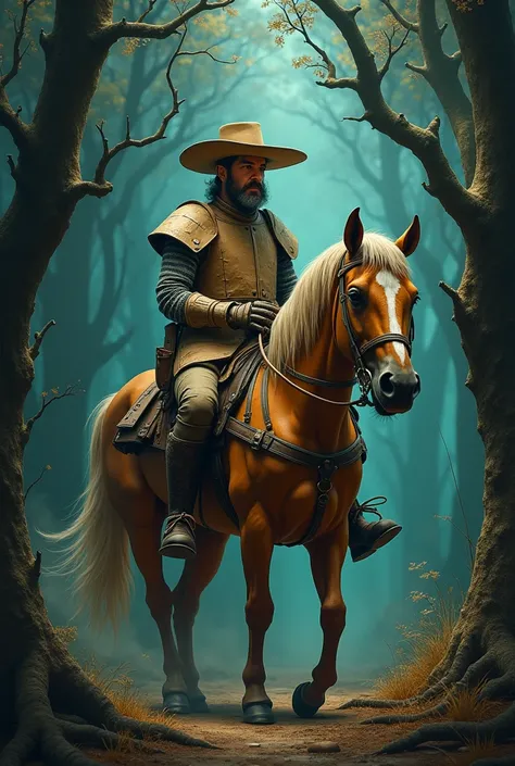 Don Quixote with his cardboard armor appears riding Rocinante ,  in a dark forest looking around with curiosity and courage