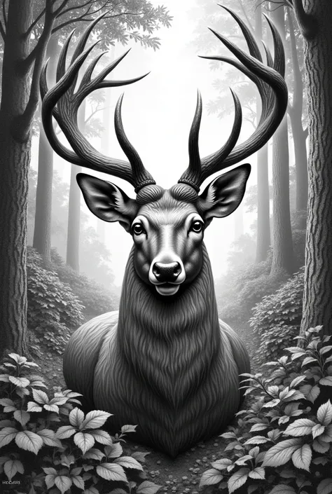 Beautiful engraving deer head in the forest 