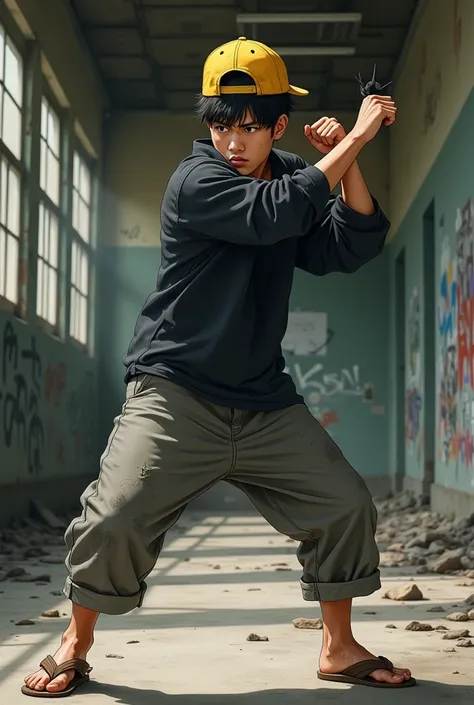 Realistic style,Japanese man, 18 years old,about to launch a right jab,Wearing a black long-sleeved shirt, wearing gray 3/4 pants,Wearing brown flip-flops,Wearing a yellow baseball cap Used upside down,There are many battle damage effects on the face and c...